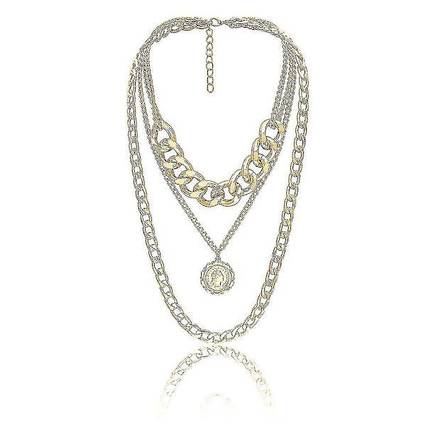 Chunky Gold Halsband Lås Hänglås Medaljon Hänge Coin Curb Chain Layering Silver