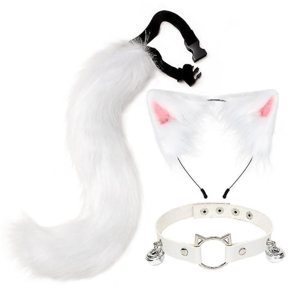 Cat Ears Pandebånd Hale Læder Halskæde Sæt Cosplay Headpiece Accessories White