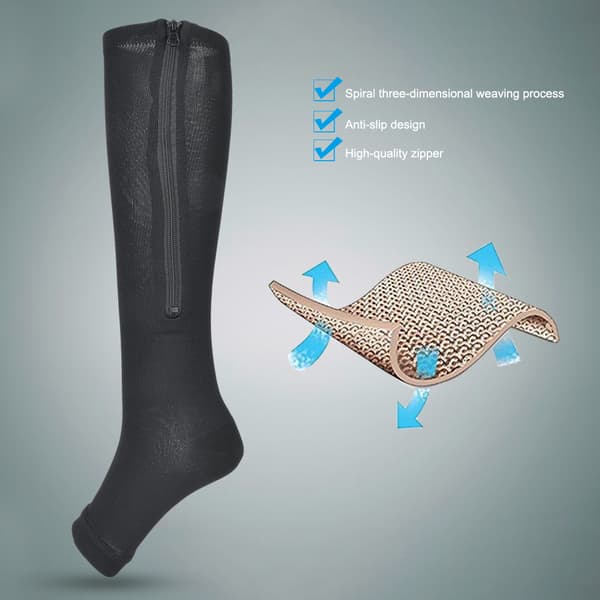 1 par lynlås mellemlange kompressionsstrømper slanke leggings strækstrømper åben tå (sort L XL)