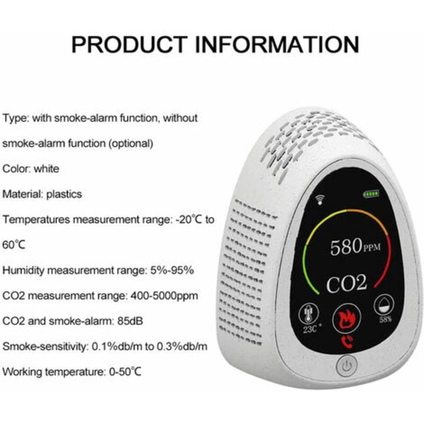Kuldioxiddetektor, husholdningstermometer og hygrometer, C02-detektor, to i én, (CO2-detektion + temperatur og