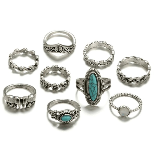 9kpl/ set Boho Stack Elephant Flower Faux Turquoise Midi Sormussormukset