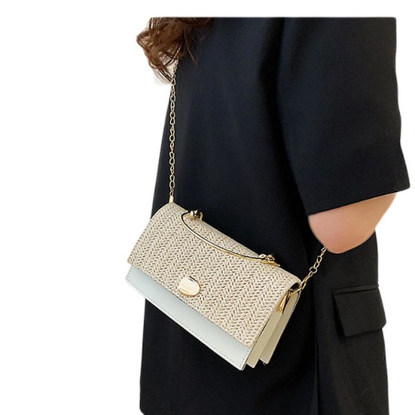 Vintage liten sommarväska för kvinnor vävd halm Crossbody Läder Topphandtag Pläd inre handväska (vit)