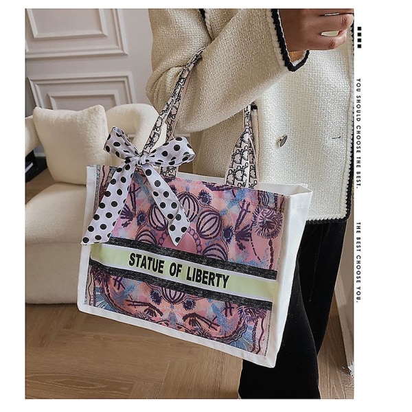 Dam Canvas Bag Stor Handväska Tygväska Holiday Strandväska Shoppingväska Stor kapacitet Axelväska Bucket Bag För skolarbete Resor Dragkedja Stängning Pink