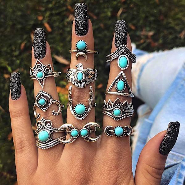 11/13/15 st snidade blomma Stapelbara knogringar Legering Bohemia Black Faux Gem Finger Ringar Smycken Tillbehör 2