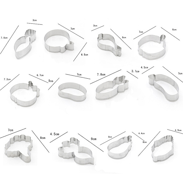 12 stykke sæt, rustfri stålform, grøntsagsserie kageform, blødt lertøj til fondantkage,