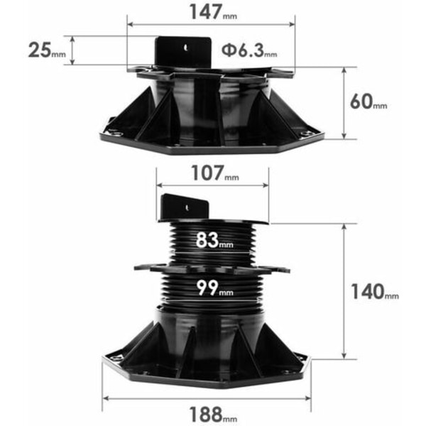 Terrasssockel i svart trä eller komposit Terrasssockel för justerbar platta 60-140 mm 10x - Svart