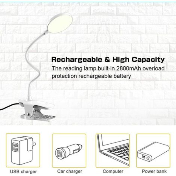 LED-bordslampa, läslampa, 3 färger och 3 dimbara, 20 LED-klämmande läslampa 360° flexibel, 2500 mAh klämlampa