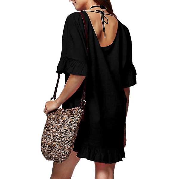 kvinnor Bikini Cover Up Plain Kaftan Mini Smock Dress V-hals Beachwear Badkläder Black