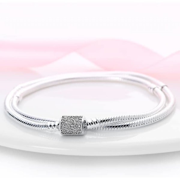 925 Sterling Silver Snake Chain Bracelet Fully Compatible With Pandora Charms, Cute Claw Bracelet With Shiny Round Buckle Charm Transparent Cz Christm