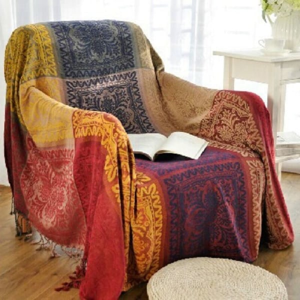 Chenille Jacquard -tupsut -huopa sohva tuolin cover pöytäliina - värikäs heimokuvio (86 tuumaa x 102 tuumaa)