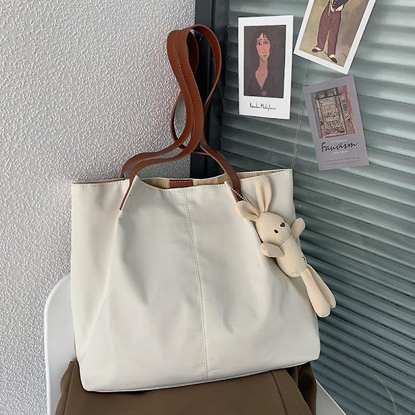 Kvinnor, väska med stor kapacitet, litteratur och konst Färsk Enkel tygväska i ren färg, enkel enfärgad enkel axelväska off-white)