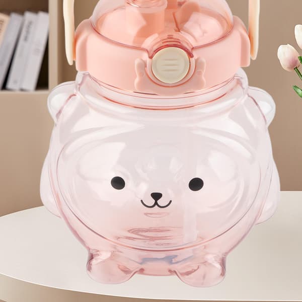 Tecknad Björnformad 1000ml Vattenflaska med Sugrörsrem Sommar Rosa