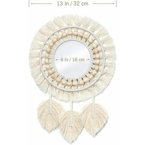 Vægspejl, Boho Macrame frynser spejl med træperle fjer vedhæng (beige)