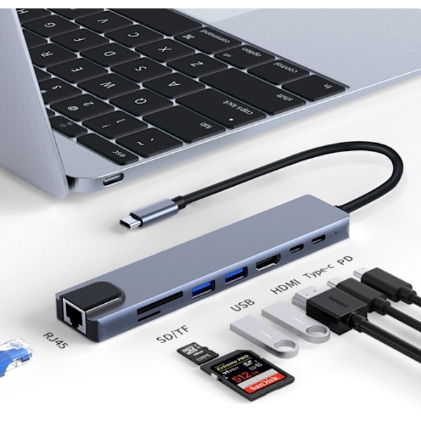 8 i 1 4k30hz 100M Typec Dockningsstation Mac Laptop USB3.0 Hub HDMI-projektionsskärm,
