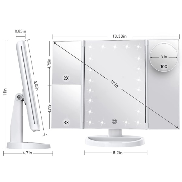 Kosmetisk spejl Kosmetisk spejl med lys 2X 3X 10X forstørrelse med oplyst kosmetisk spejl Trifold Folding Touch Co