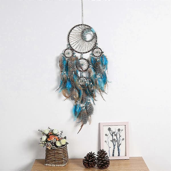 Turkos fjäderdrömfångare, handgjord väggprydnad för sovrum, barnkammare, bil, heminredning
