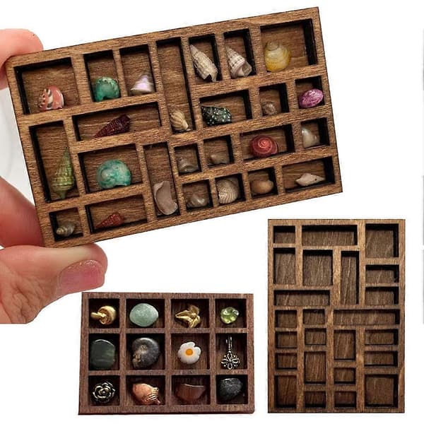 Smyckesställ i trä i miniatyr, förvaringsbricka för smycken och malmprover E