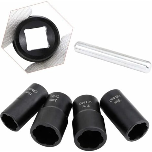 Set 5 1/2" kierrehylsyä vaurioituneiden pyöränmutterien poistamiseen, 17mm, 19mm, 21mm ja 22mm, Fonepro