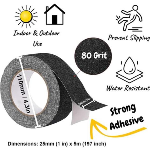 Sort skridsikker indendørs/udendørs tape - (5m x 25mm)