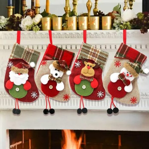 Joulusukkahousut, 4 kpl:n set henkilökohtaisia ​​joulusukkahousuja, joulusukat ripustamiseen Santa Claus Reindeer Sn