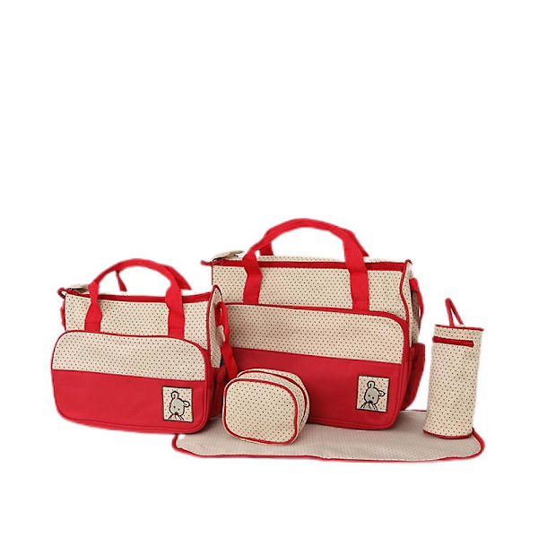 Viisiosainen Mummy Bag vaippalaukku Monitoiminen matka-vedenpitävä muumiolaukku, äitiyslaukut, joissa on suuri kapasiteetti ja useita taskuja A916-01 Red