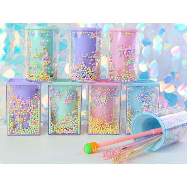 11*7 cm En kreativ akryl fancy farve skum penholder Sød tegneserie kontorartikler Multifunktionel opbevaring penneholder til studerende -Pink Square,