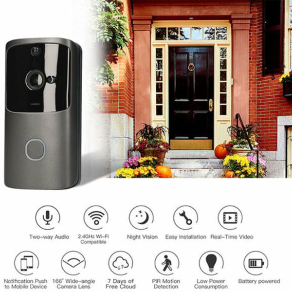 Trådlös Wi-Fi videodörrklocka 720P visuell realtidsintercom Videoklockadetektering 166° nattseende smart dörrklocka, grå