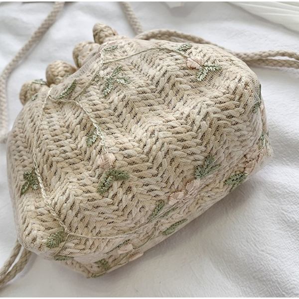 Mode mångsidig spets dragsko Bucket Bag Crossbody Straw Bag med en axel (vit)