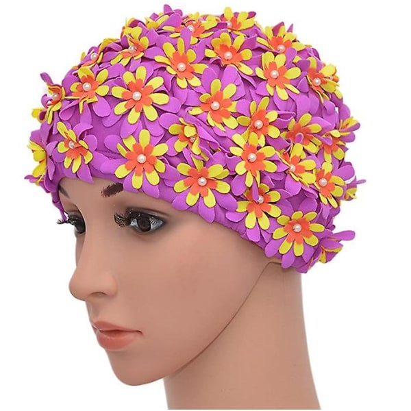 Blomsterprint badehætte, retrostil, til kvinder, lilla