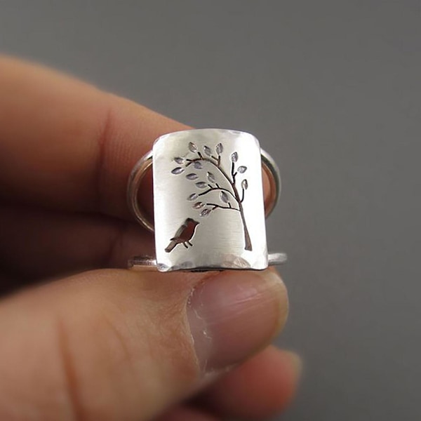 Klassisk snidad legering ihålig vintage ring fågel träd mönster dam ring smycken Accessaries Silver US 10