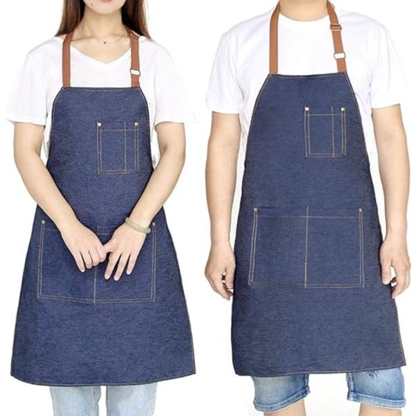 Unisex justerbart jeansförkläde med flera fickor för matlagning i kök, mörkblått
