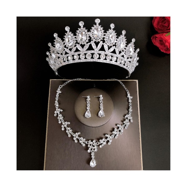Bröllopsbröllops tiaror Crown Set med örhängen Kit & Necklack Handgjorda lyxiga Crystal hårtillbehör Silver
