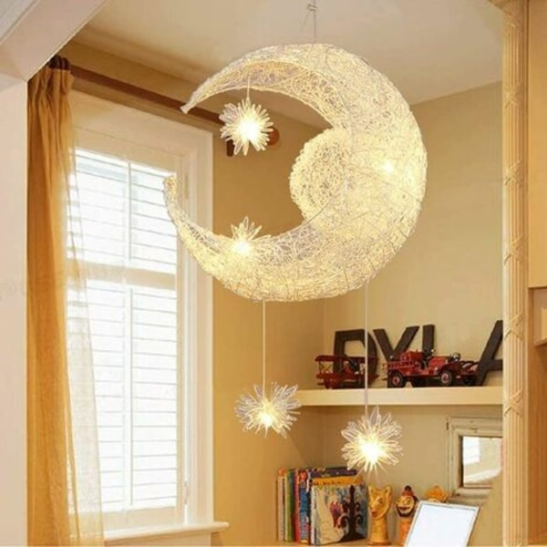 Moderne Pendel Disign Moon and Stars 5 LED-lys Lysekrone Loftslampe i varmt hvidt lys Pendel til Ki