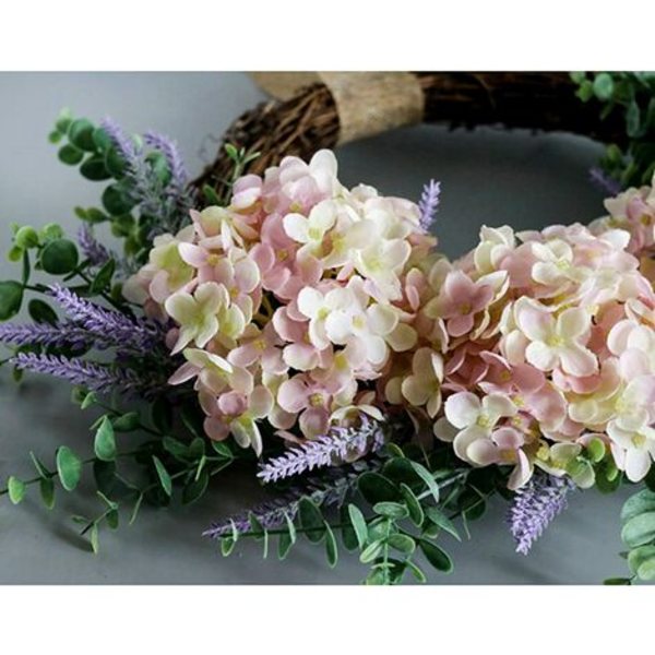 18" kunstig hortensia krans til hoveddør, hvid pink, håndlavet, blomsterkrans med grønne blade, dekorativt forår