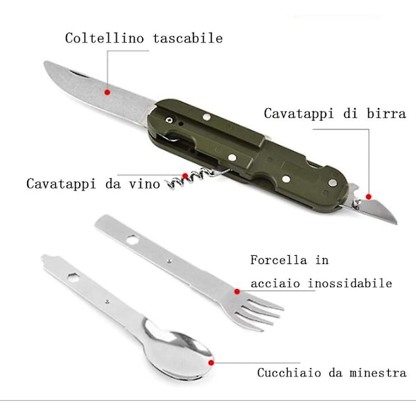 Beitesi 5 i 1 campingservis i rostfritt stål,utomhuscampingverktyg,utomhusporslin,multifunktionell hopfällbar servis.