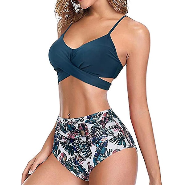 kvinnor Blommig High Waist Bikini Set Baddräkt Sommar Sexiga Badkläder Strandkläder Blue L