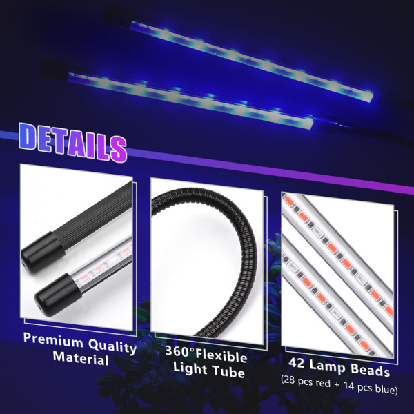 Sisätilojen kasvatusvalo 42 LED-kasvien kasvuvalo 10 tasoa Himmennettävä 3/9/12H ajastin 3 valotilaa Kompakti kasvuvalo