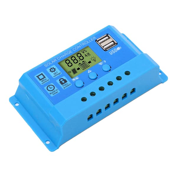 Solar Charge Controller PWM LCD-skjerm 12V 24V Justerbar USB Solar Regulator Blå