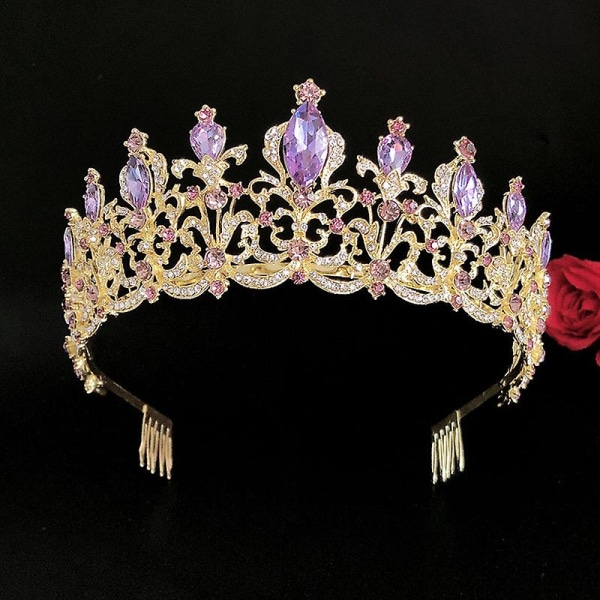 Rhinestones Crown Pannband Lila Kristall Retro Brudhårbåge med kam Glittrande huvudbonad hår Violet
