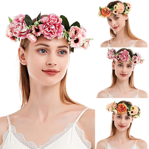 Flower Headpand Naisten säädettävä kukkakruunu Flower Garland -hiuspanta Pink