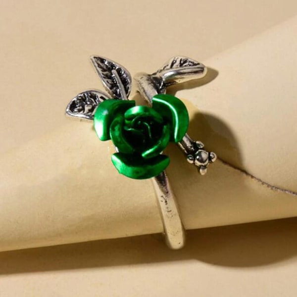 Tvåfärgad tunn kopparförlovningsring Kvinnor Rose Flower Leaves Ring Smycken Accessaries Silver
