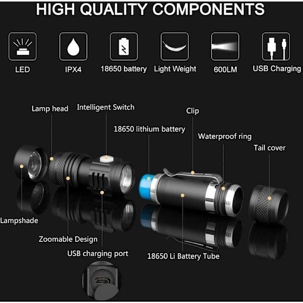 L50 USB Genopladelig LED-lygte 1200 Lumens Vandtæt 5 Modes Militær Taktisk Kraftig Led Lommelygte til Camping Hiki