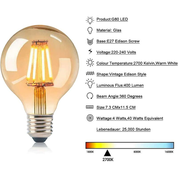 E27 Vintage Edison Polttimo, Edison LED Polttimot E27 G80 4W Lamppu, Retro Filamentti Edison Hehkulamppu, Vintage Antiikki Koriste L