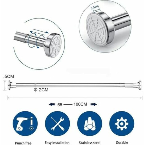 Rostfritt stål teleskopstång utan borrning Duschgardinstång - Justerbar genom rotation - Fastare och säkrare än dusch-ro