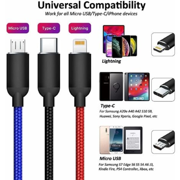 1 Multi USB laturi Nylon -punottu kaapeli Micro USB Type C -liittimillä iPhonelle, Samsung Galaxylle, tableteille, OnePlusille, LG:lle, Kindlelle, PS4:lle, PS5:lle ja muille