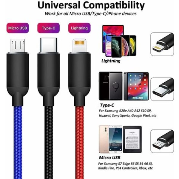 i 1 multi USB laddare, flätad nylon med mikro USB typ C-kontakter för iPhone, Samsung Galaxy, surfplattor, OnePlus, LG, Kindle, PS4, PS5 och mer