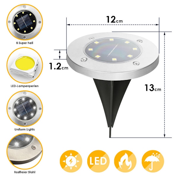 8X LED Solar Have Spotlight Solar Gårdsplads Lampe IP65 Udendørs Ground Spot Lampe Rustfrit Stål 8LEDs Cool White - Silv