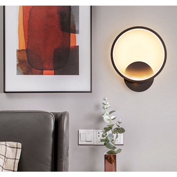 LED Vägglampa, väggdekoration för balkong/vardagsrum/trappa/sovrum/barnsovrum (svart rund, monokromt varmt ljus)