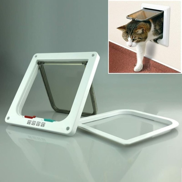 Kissan ovi 4-suuntaisella magneetilla, Lemmikkien ovi kissoille ja pienille koirille, kissan ovi tunnelilla (L-25 x 23,5 x 5,5 cm, valkoinen)