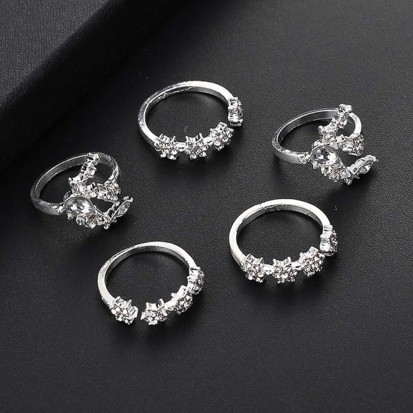 5 st/ set Mode kvinnor Rhinestone Inlagd Moon Star Flower Stacking Midi Ring